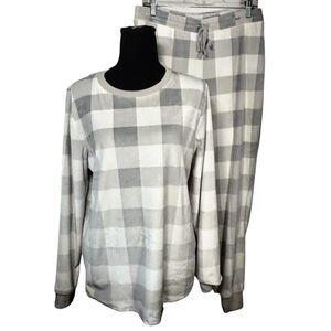 2 Pc Rachel Zoe Pajama Set Gray Plaid Velour Plush Jogger Style Pants